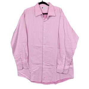 Bachrach Button Down Shirt Pink Stripe Contrasting Cotton Size XL 18 34-35